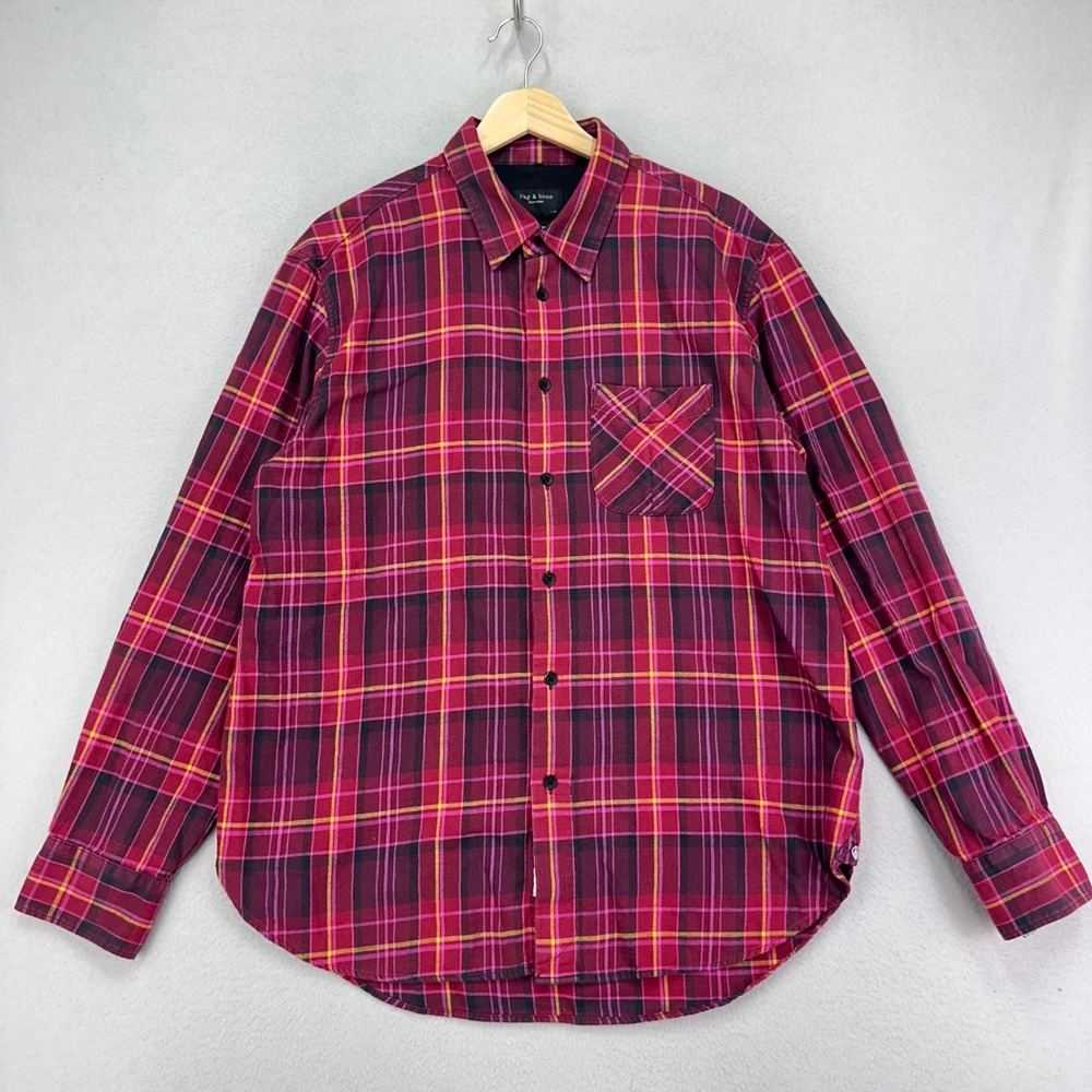 Rag & Bone Flannel Plaid Shirt Mens L Pink Button Up Long Sleeve Cotton